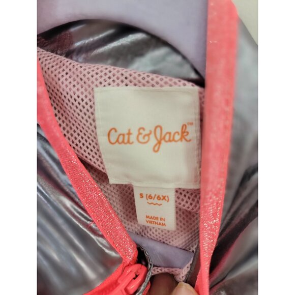 Girls Metallic Silver 6/6x Windbreaker Jacket With Pink Trim Full-Zip Pockets El - Picture 5 of 6